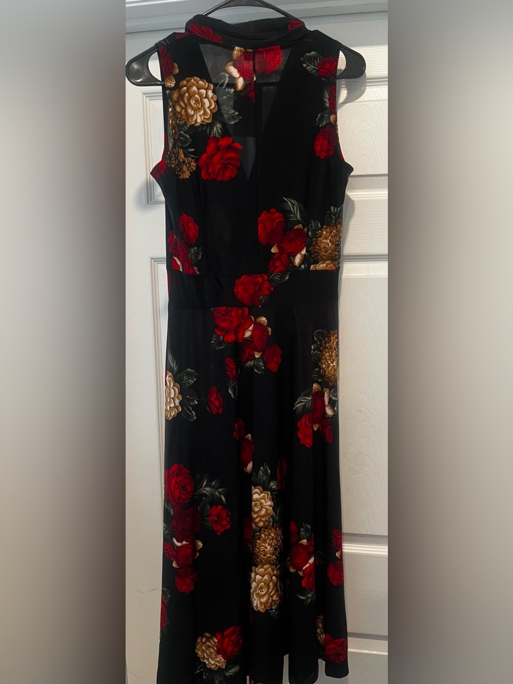 Black Floral Midi Dress with Red & Gold Accents - Picture 3 of 3